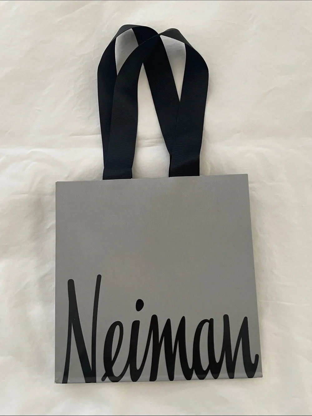 Neiman Marcus Gray Shopping Bag with Black Ribbon Handles